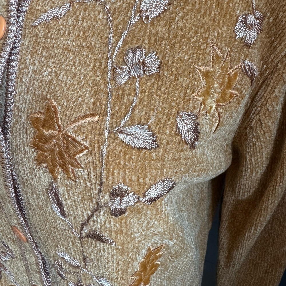 Magic Fall Leaves Embroidered Button-Up Vintage Women's Sweater - Mustard - Picture 2 of 8